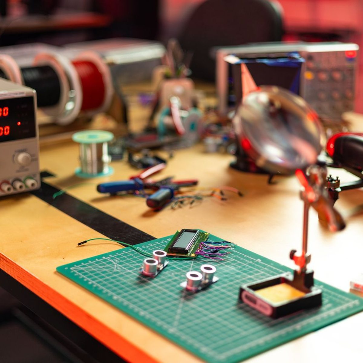 An electronics workbench with tools, components and a magnifier