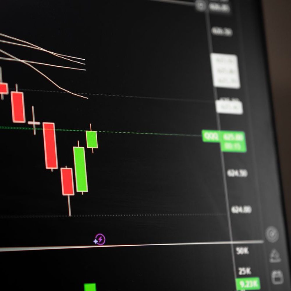 A candlestick chart showing a falling market