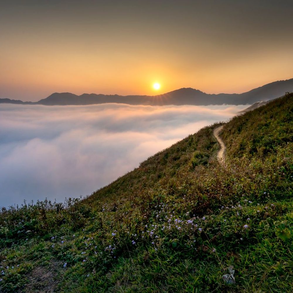A mountain ridge rising above a sea of cloud at sunrise