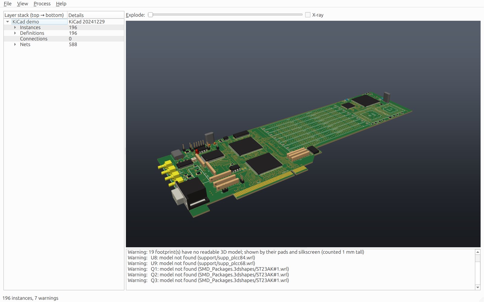 Open PCB & IC Engineer showing KiCad's video demo board in 3D: a four-layer PCI card with large chips, connectors and memory sockets, parts drawn from their 3D models, the layer stack listed on the left